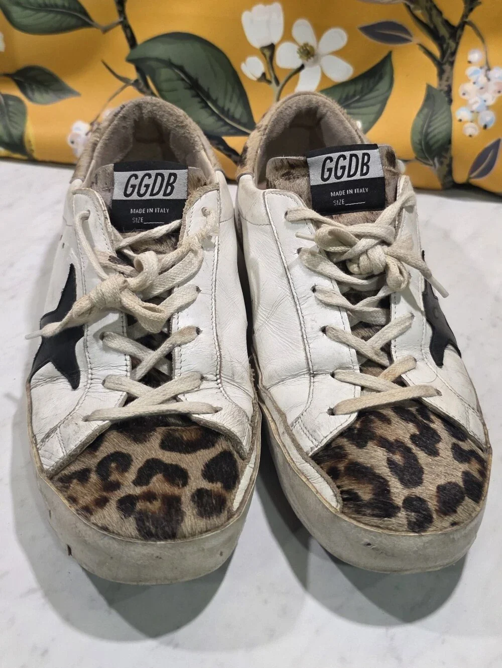 Golden Goose White Leather Sneakers with Leopard Toe and Black Star